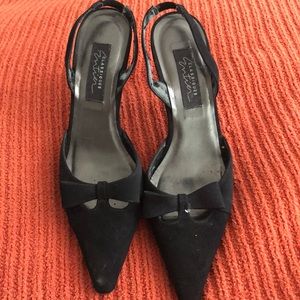 Sling back black silk 2.5 inch heels